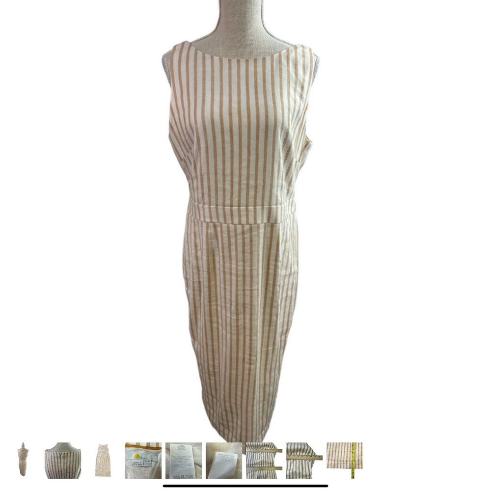 Boden Sheath Linen Blend Dress Midi US 10 White Tan Striped